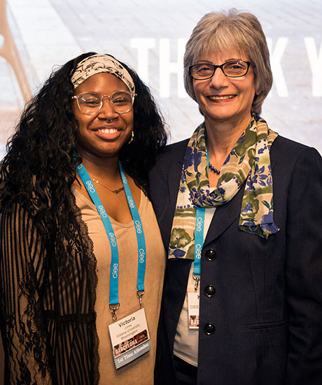 CIEE Board of Director Kathleen Sideli and mentee André Jones (Indiana University alum) at the CIEE Annual Conference in Barcelona, Spain, 2018