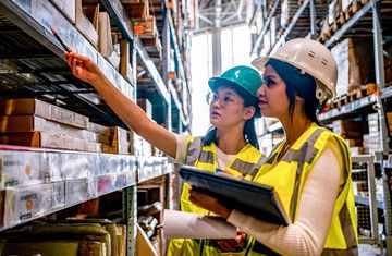 And intern and a manger reviewing warehouse inventory