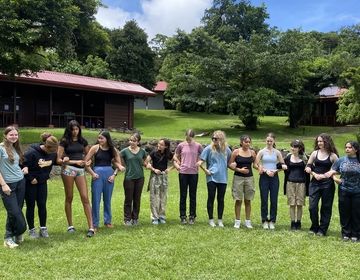 Students playing a game outside.