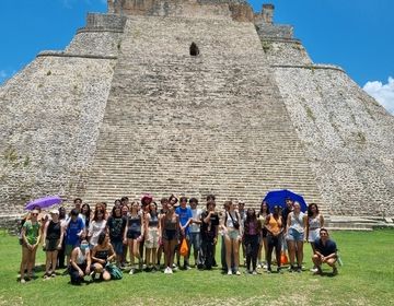 Students in front of the pyramid at Uxmal