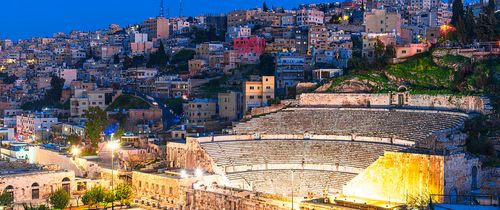 roman amphitheater at night in amman, jordan