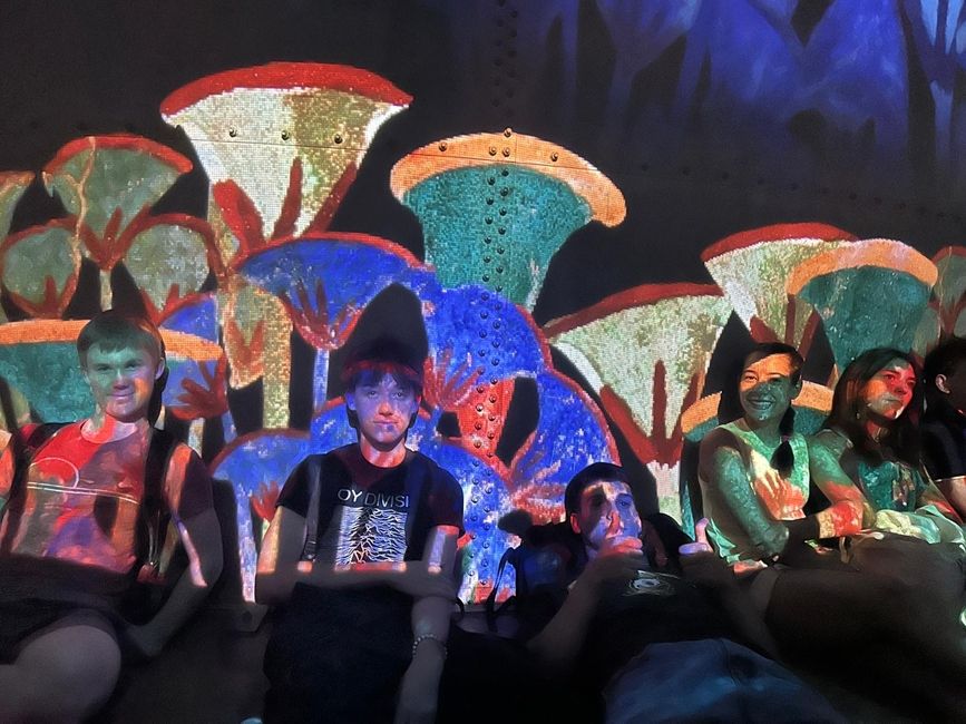 A group of HSSA Language and Culture students sit against a wall watching the light show. Colorful plant shapes are projected on the walls behind them. 