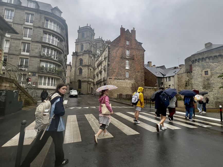 students crossing a street with their umbrellas in the rain