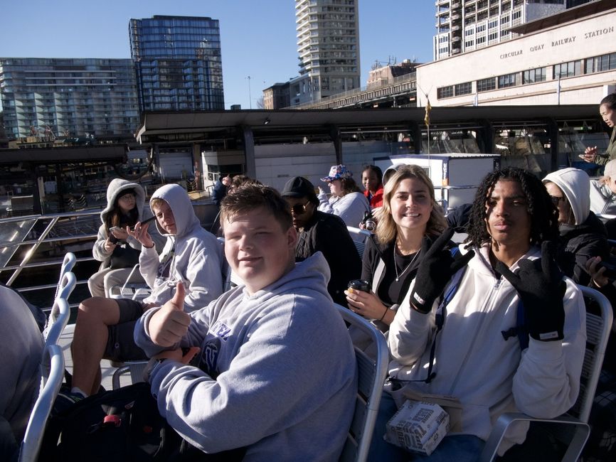 Andrew, Luke Gio, Jessica, Abby on the boat that's heading out to go whale watching (Students pictured from right to left).