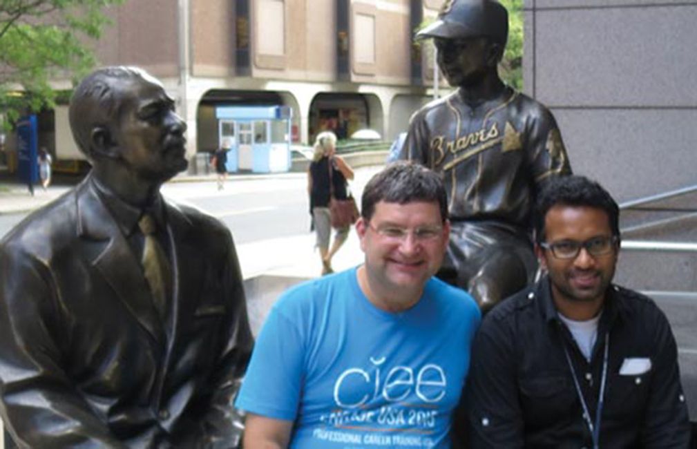 boston edward with friends and statue