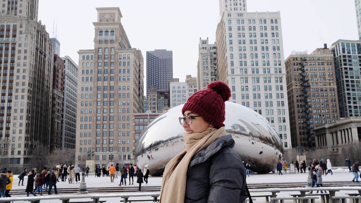 Student in front of the Bean in Chicago 