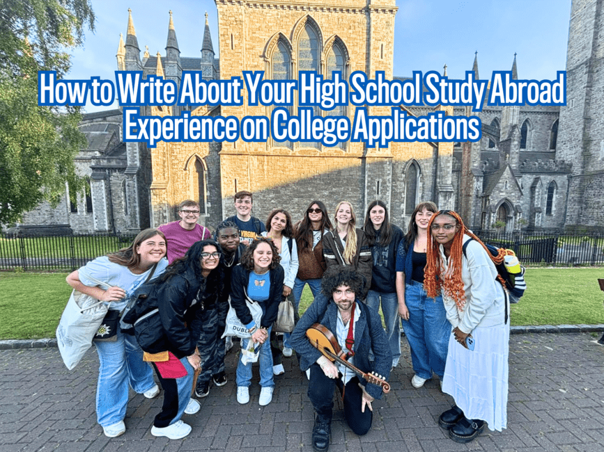 Group photo of students on program in front of a cathedral