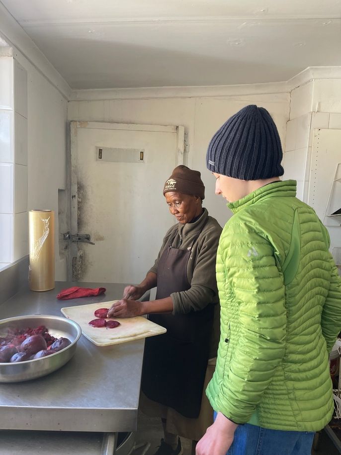 Preparing a beet salad.