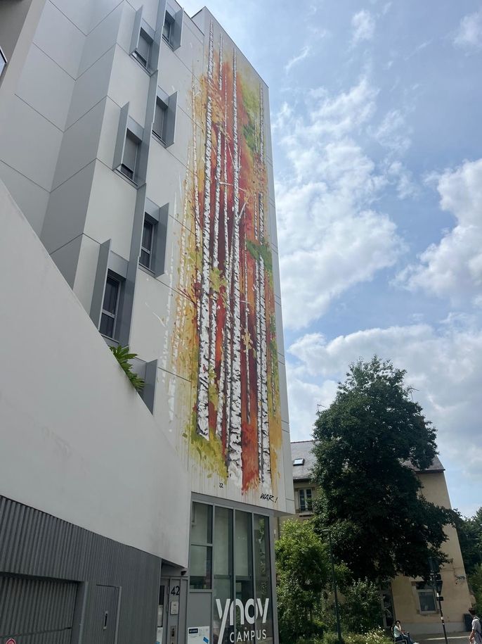 A mural of birch trees in the Fall commissioned in paid for by the city of Rennes.