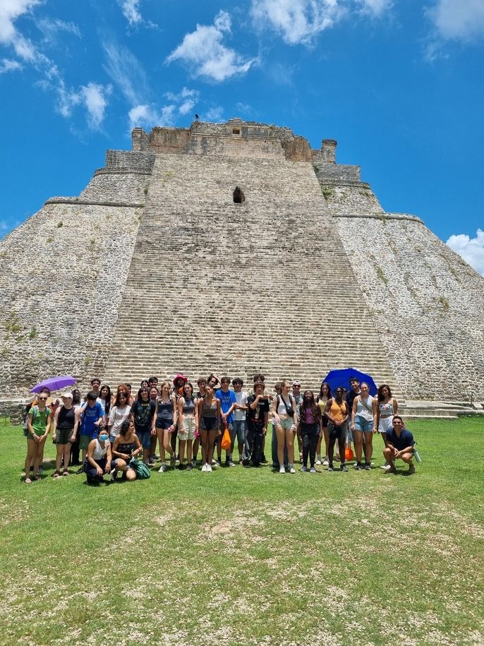 Students in front of the pyramid at Uxmal