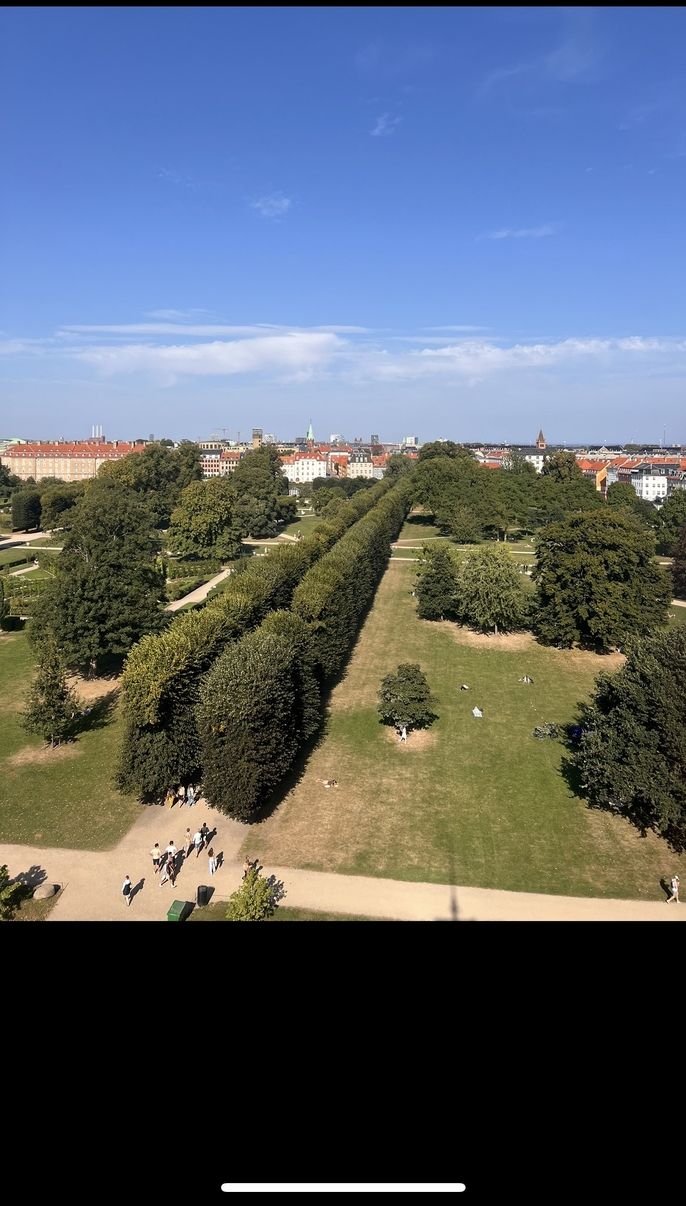 A  panorama view of Rosenborg Park from above  