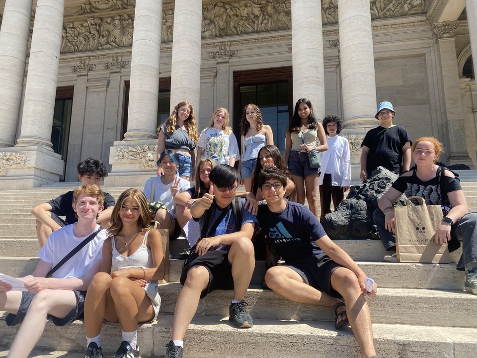 Students in front of modern art museum 