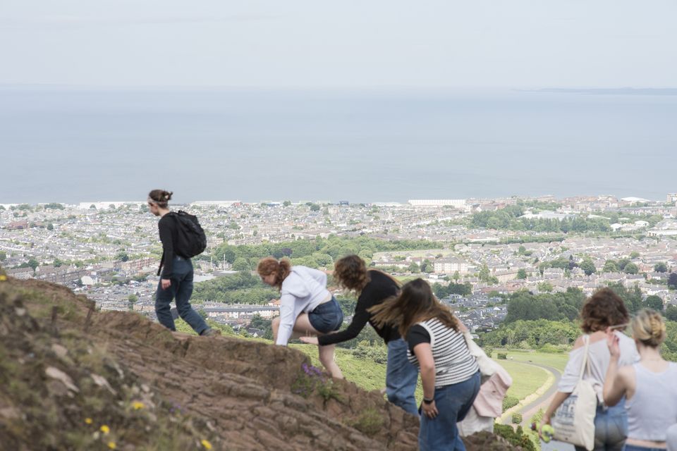 Students take a hike up Arthurs Seat, admiring views of the city below 